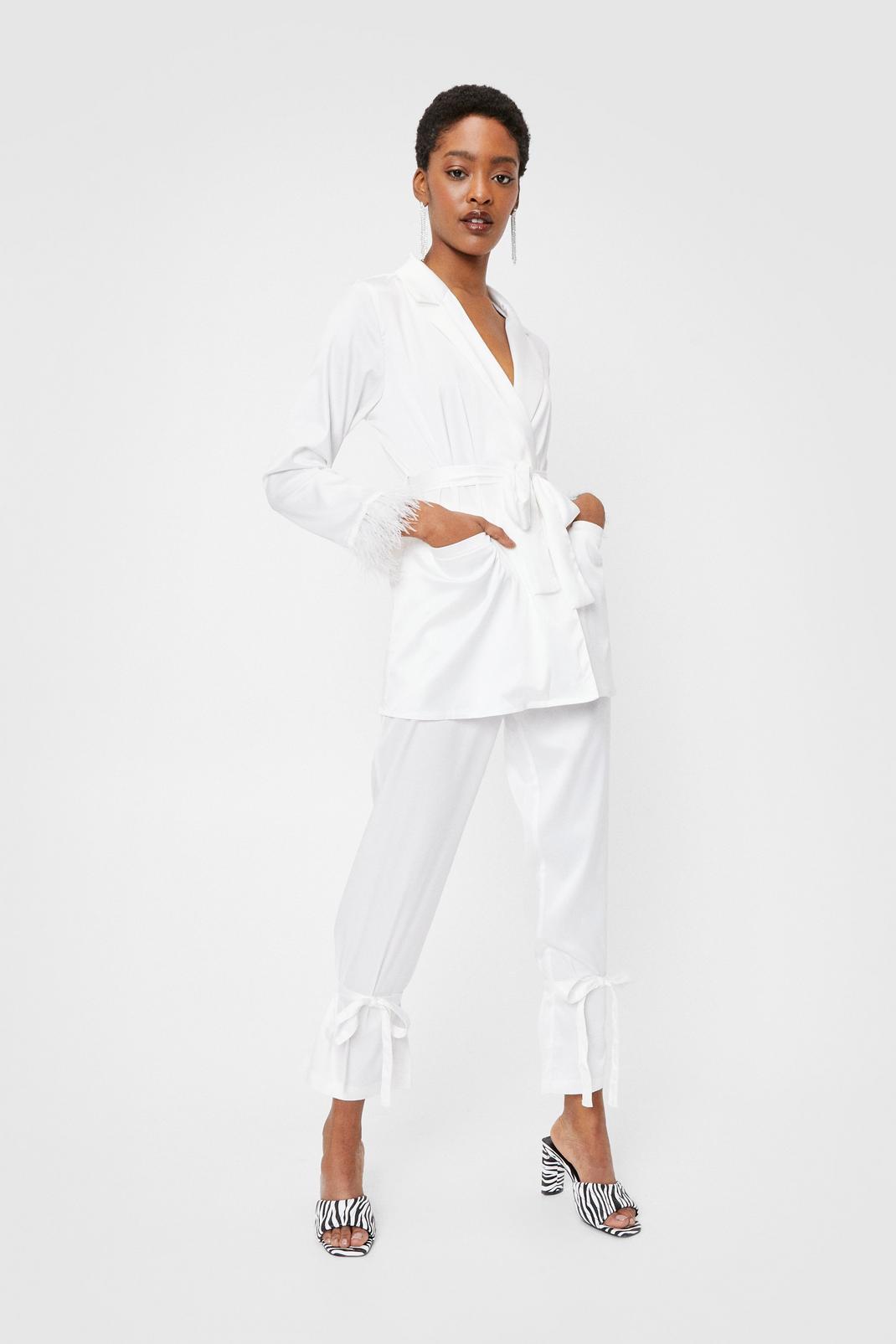 White Satin Feather Trim Belted Jacket and Trousers Set image number 1