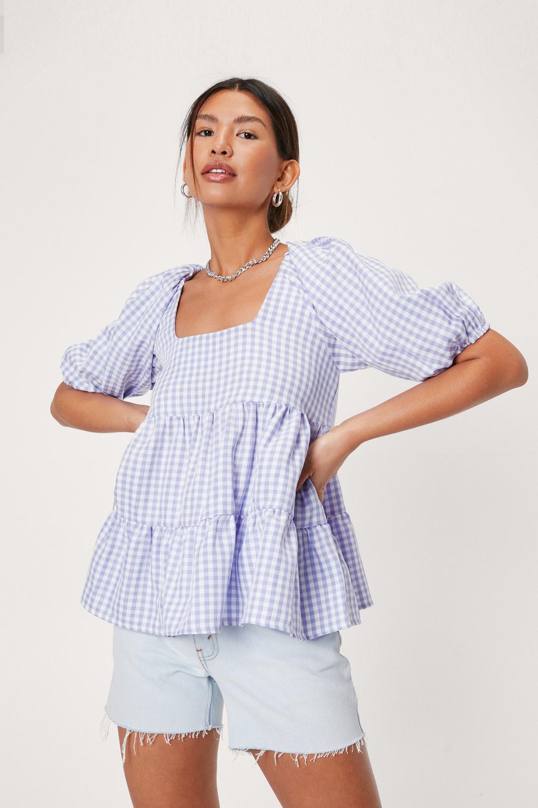 Puff Sleeve Gingham Print Tiered Blouse | Nasty Gal