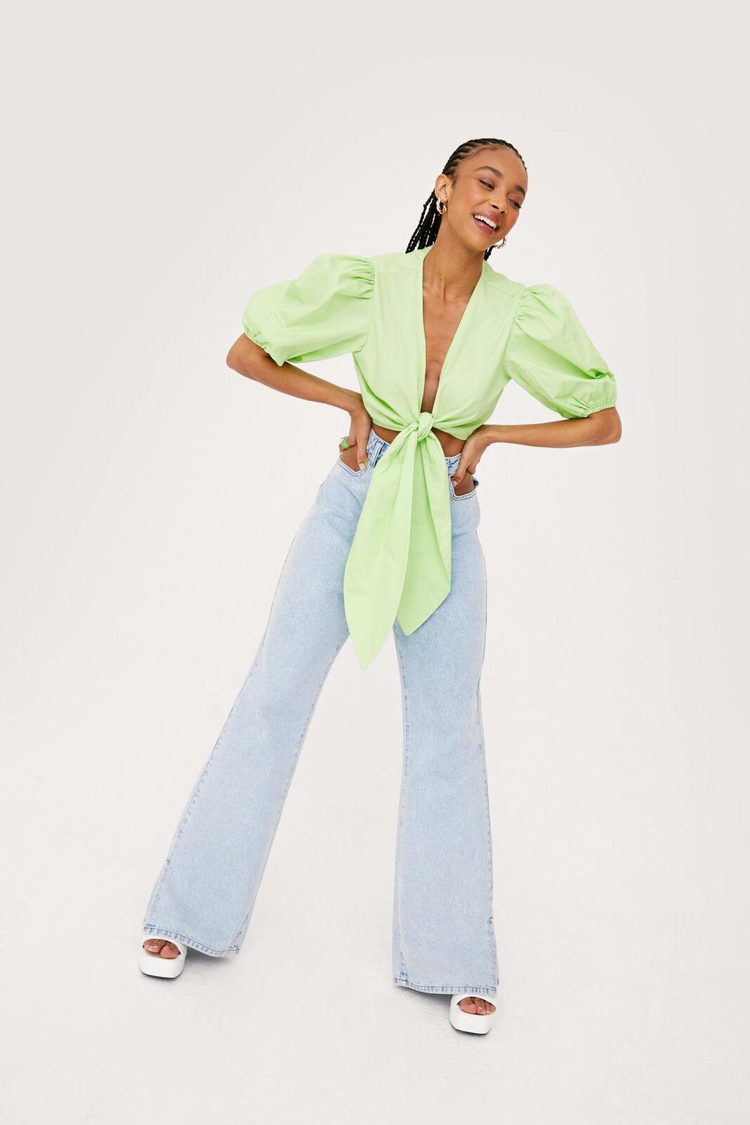 Crop top à manches bouffantes et attaches oversize, Green image number 1