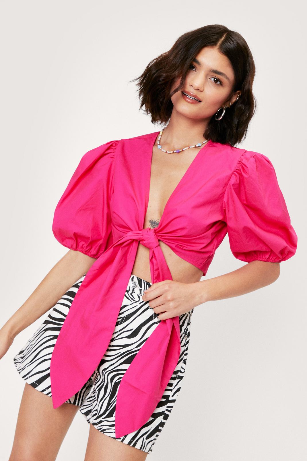 Pink Puff Sleeve Bow Tie Cropped Blouse image number 1