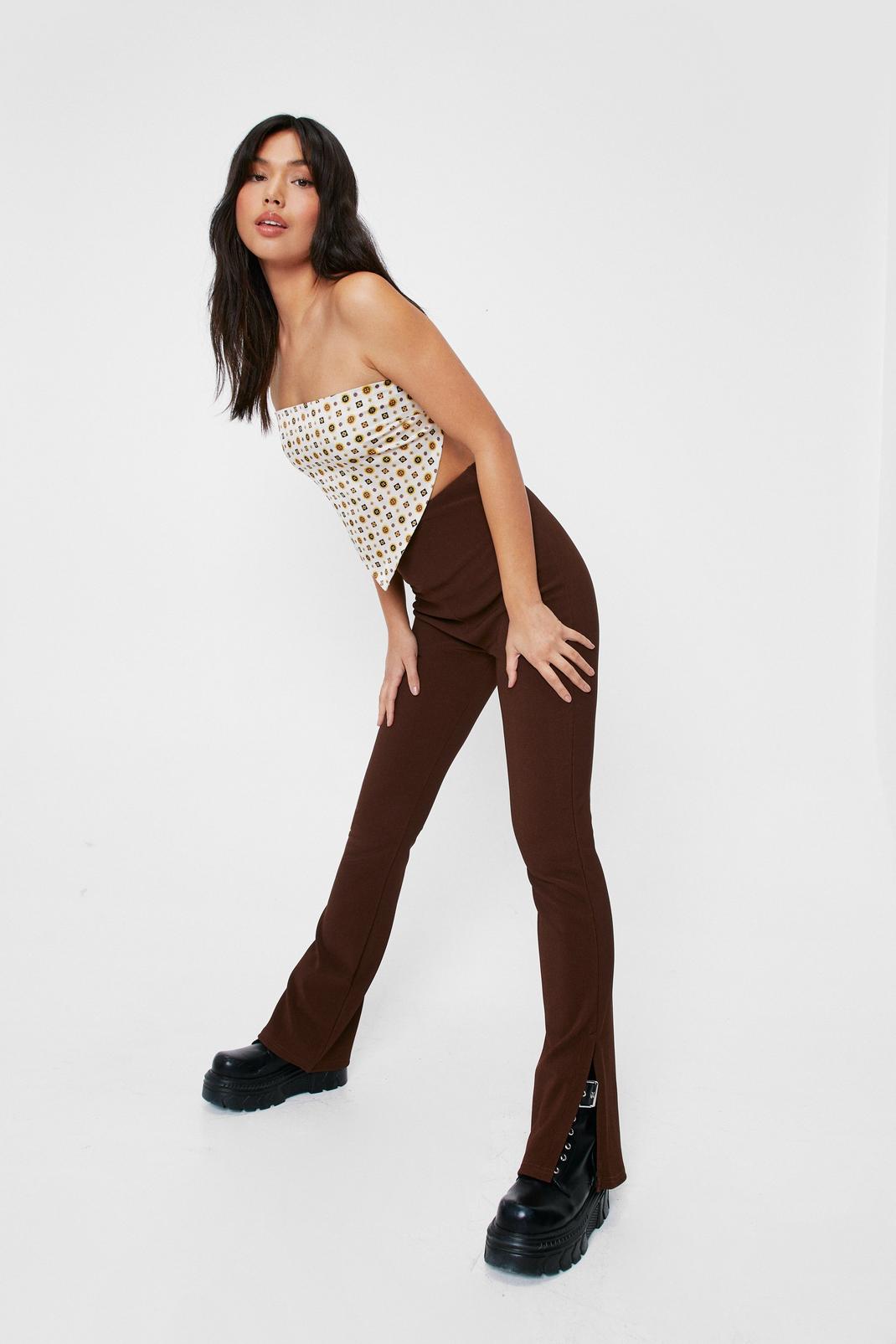 Chocolate High Waisted Split Hem Flare Trousers image number 1