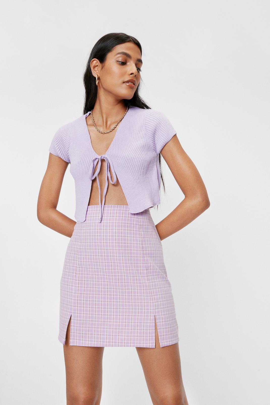 Mini jupe fendue à taille haute et imprimé carreaux, Lilac image number 1