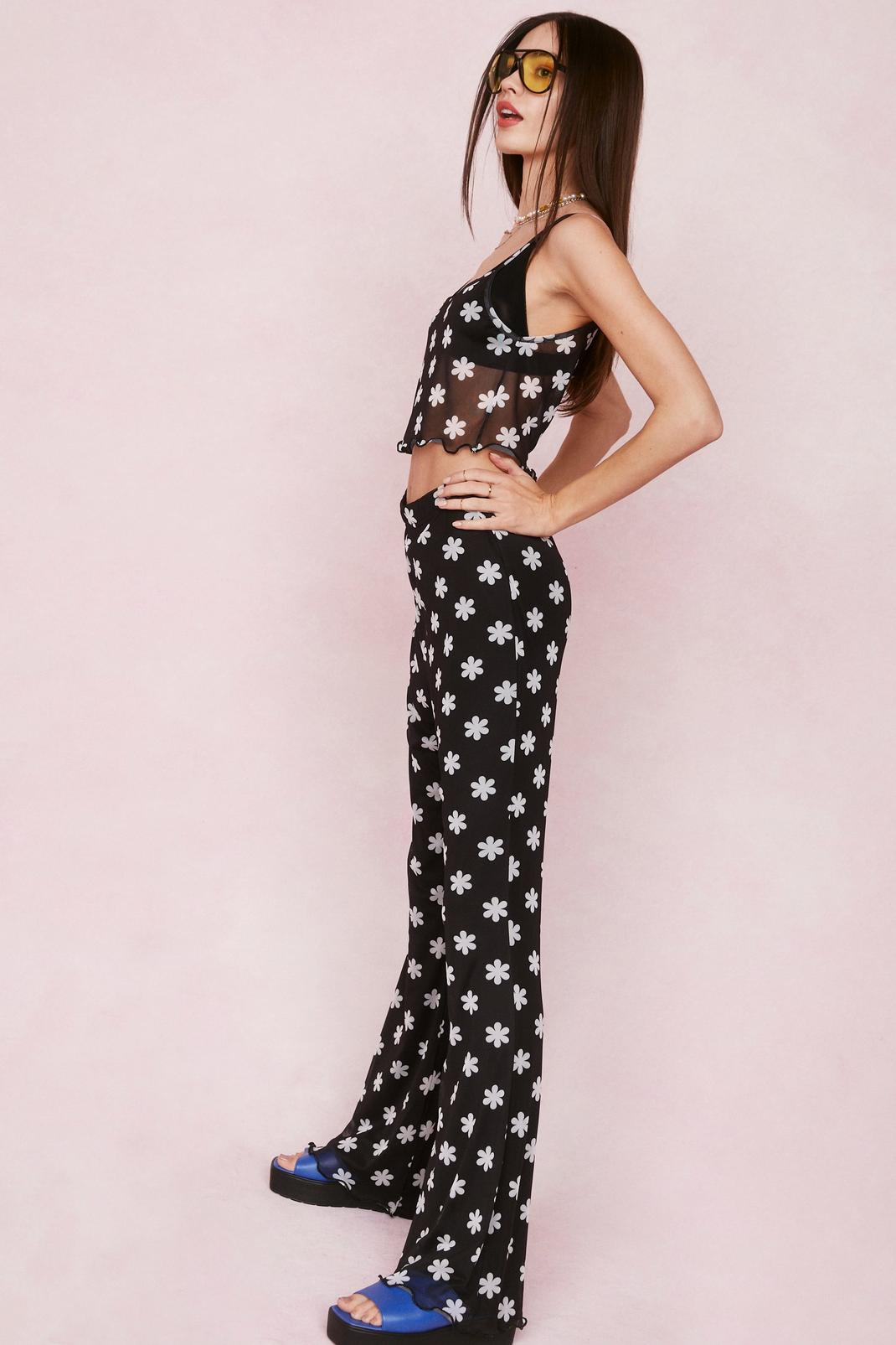 Black Daisy Print Mesh Top and Flare Pants Set image number 1