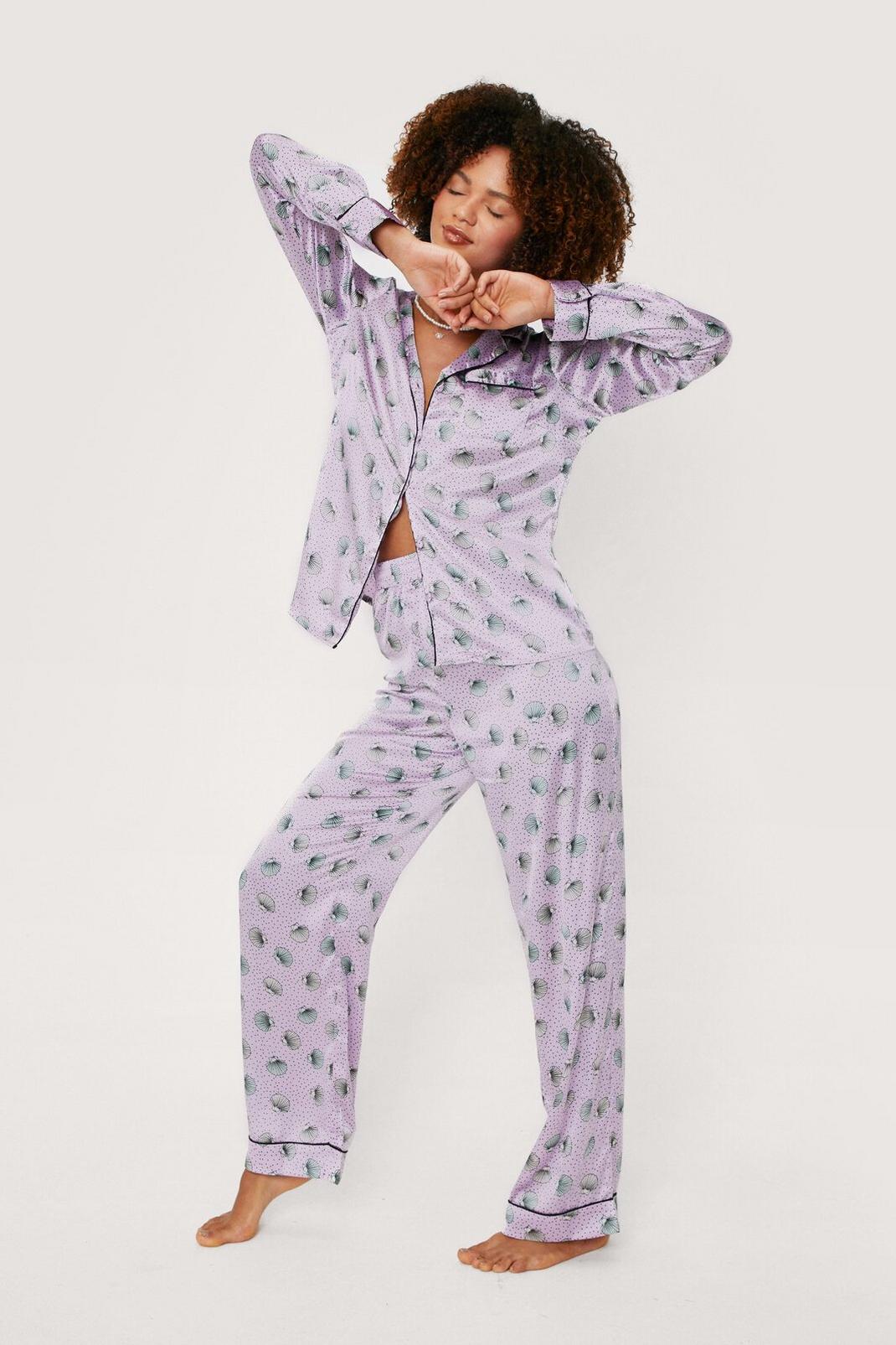 Lilac Satin Shell Print Satin Pants Pajama Set image number 1