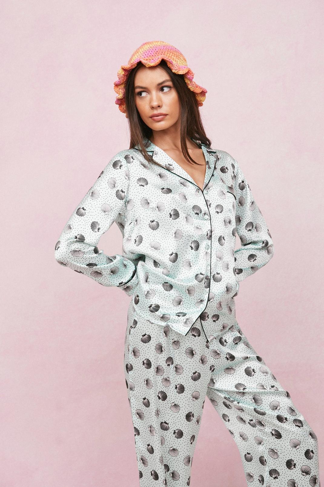 Mint Satin Shell Print Satin Trousers Pyjama Set image number 1