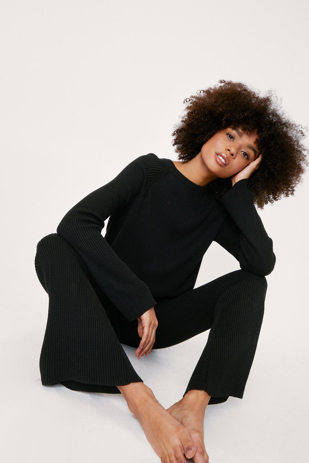 Black Ribbed Knit Sweater and Flare Pants Lounge Set image number 1