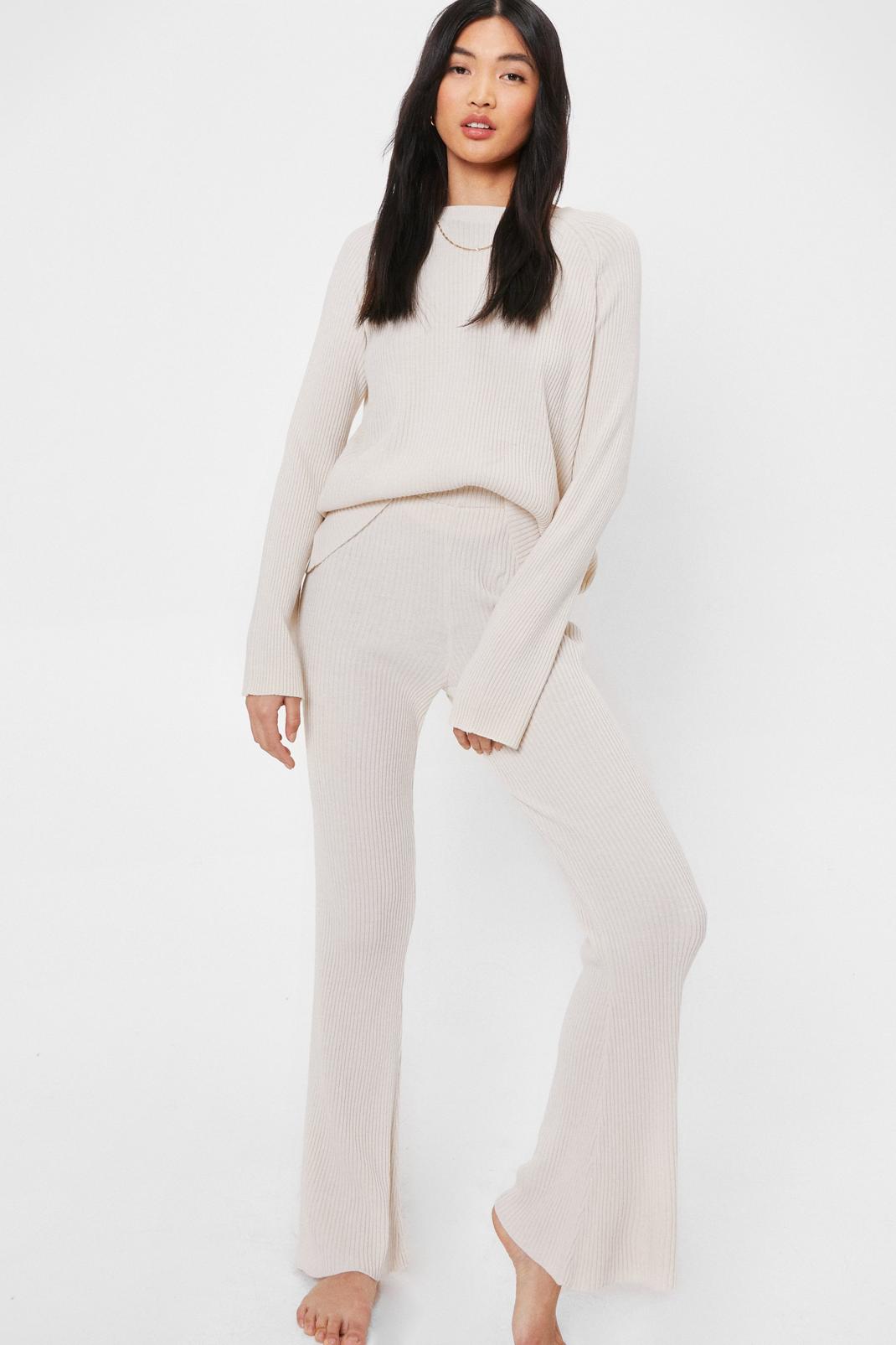 Cream Ribbed Knit Jumper and Flare Pants Lounge Set image number 1