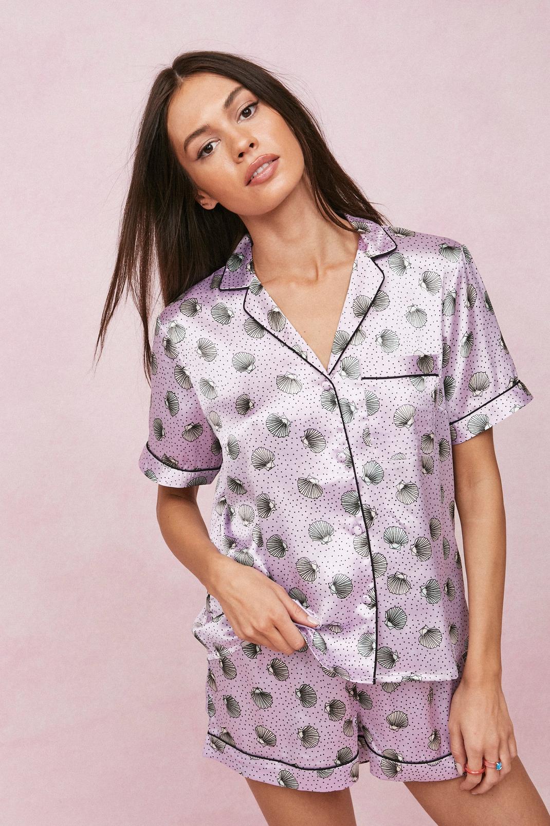Lilac Satin Shell Print Shorts Pajama Set image number 1