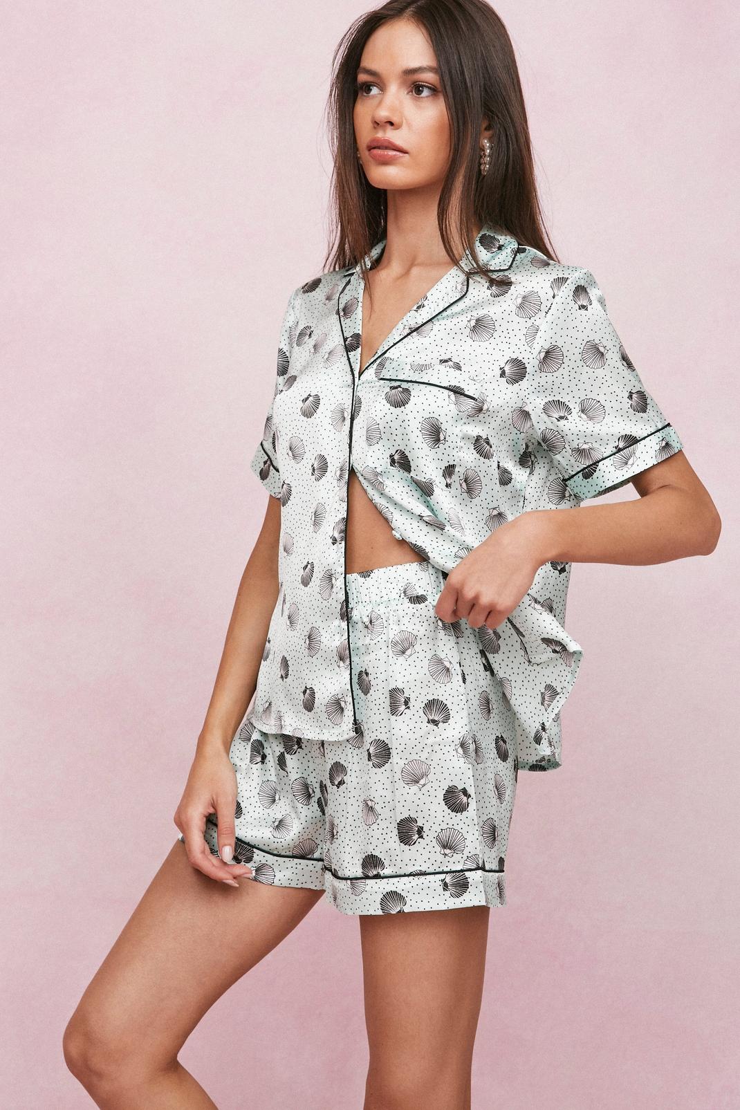 Mint Satin Shell Print Shorts Pajama Set image number 1