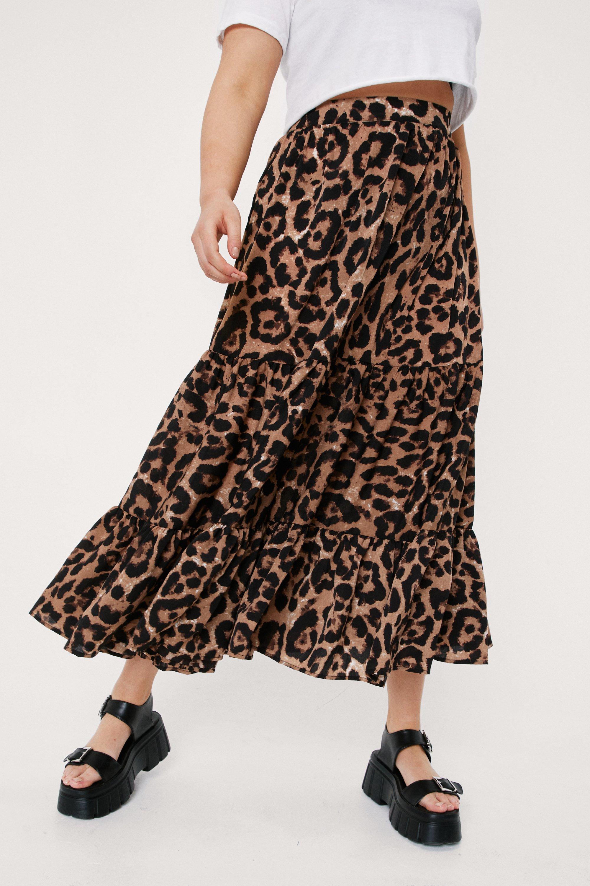 Plus Size Leopard Print Tiered Midi Skirt