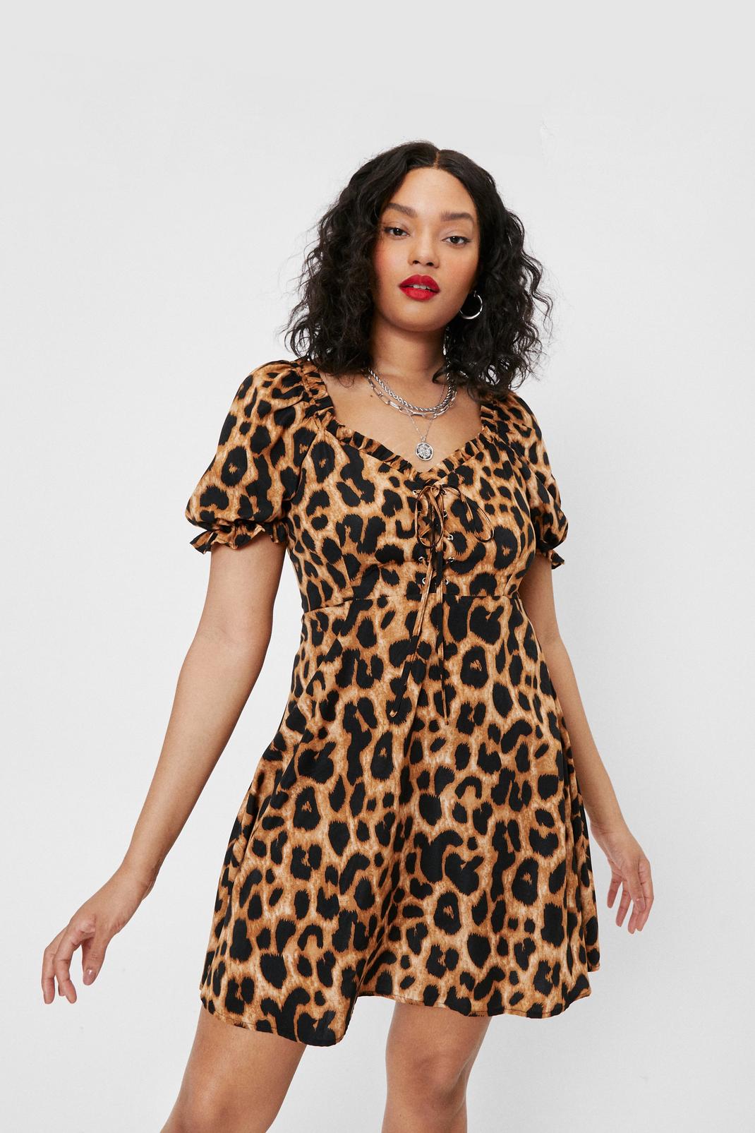 Brown Plus Size Lace Up Puff Sleeve Leopard Mini Dress image number 1