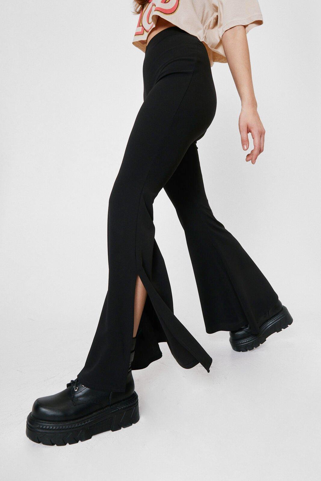 Black High-Waisted Side Slit Flare Pants with Pockets