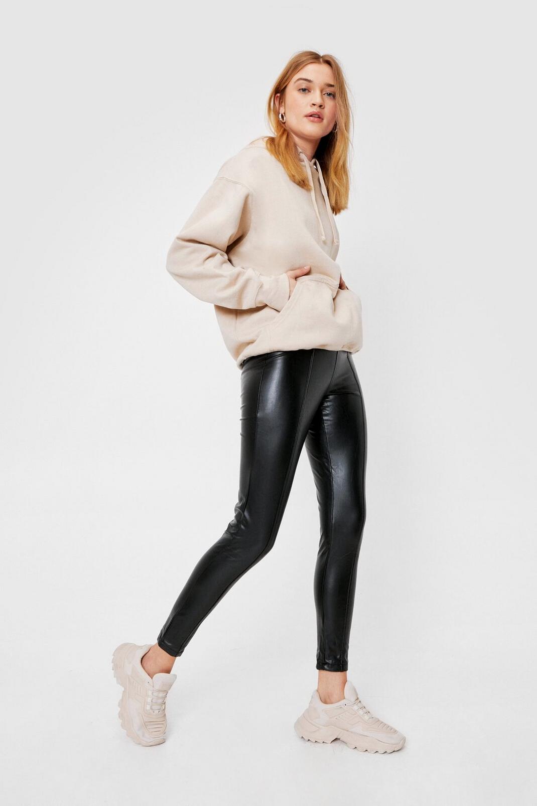 Black High Waisted Faux Leather Side Zip Leggings image number 1