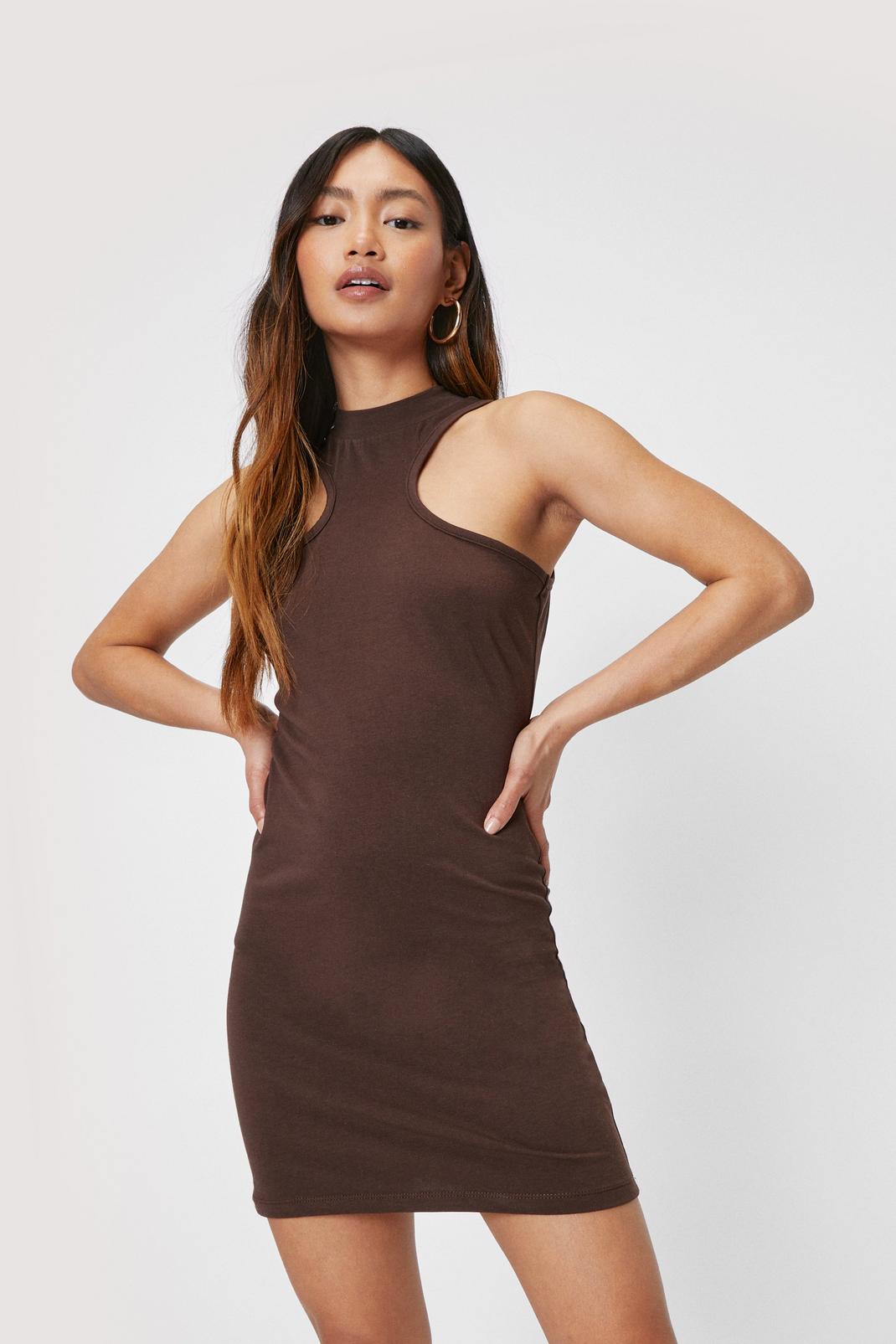 Chocolate Petite Racerback Ribbed Fitted Mini Dress image number 1