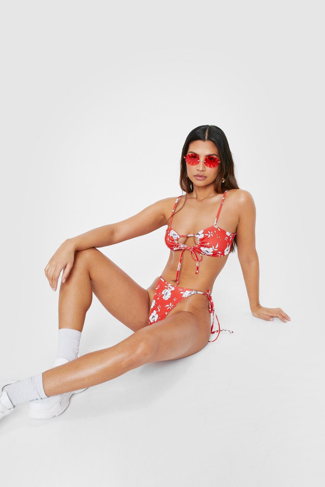 Red Floral Print Cut Out Strappy Bikini Top image number 1