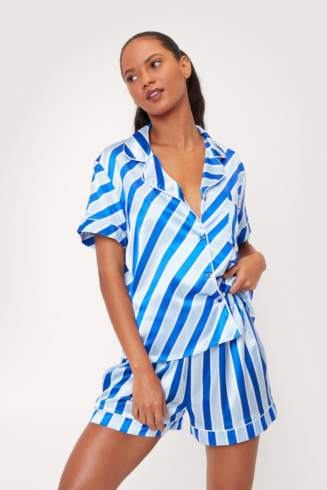 Navy Satin Varying Stripe Shirt and Shorts Pajama Set image number 1