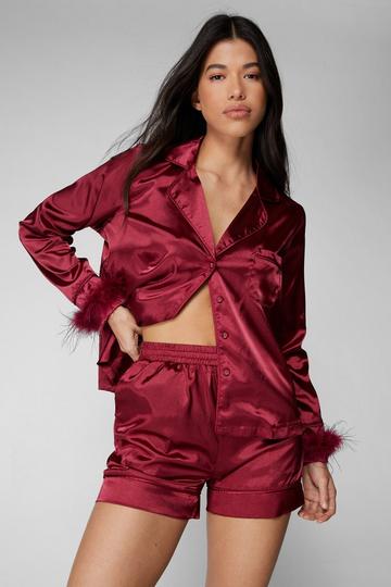 Satin Feather Pajama Shirt and Shorts Set burgundy