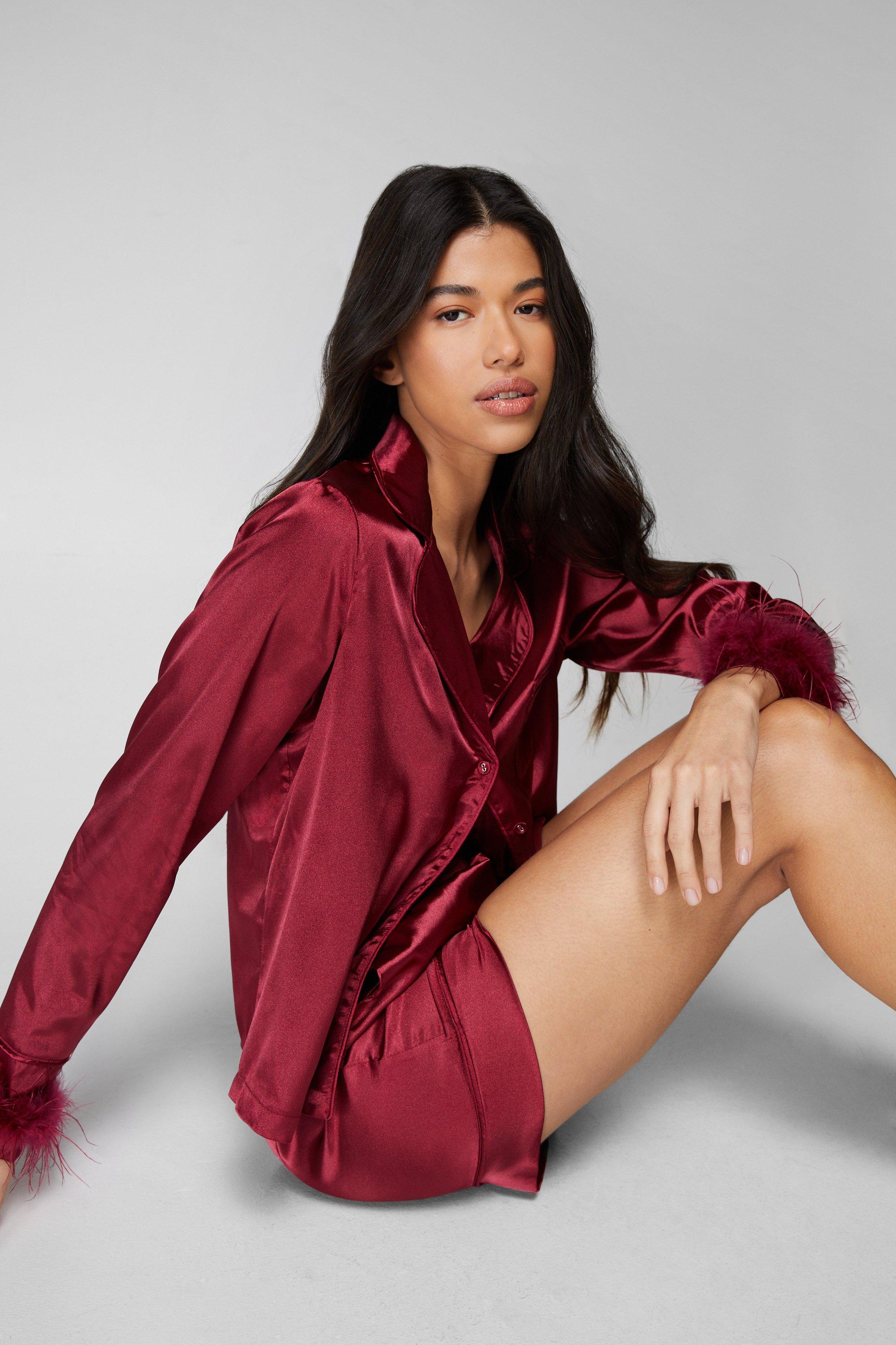 Satin Feather Pyjama Shirt and Shorts Set