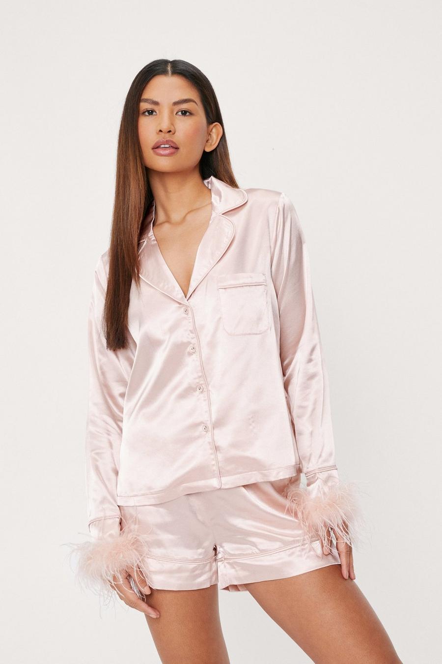 GAESHOW Satin Pajamas for Women, Long Sleeve Silk Pajama Set with Shorts  Two Piece Pj Sets Button-Down Sleepwear Loungewear Champagne : :  Clothing, Shoes & Accessories