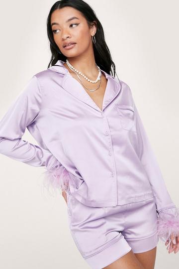 Satin Feather Pajama Shirt and Shorts Set lilac