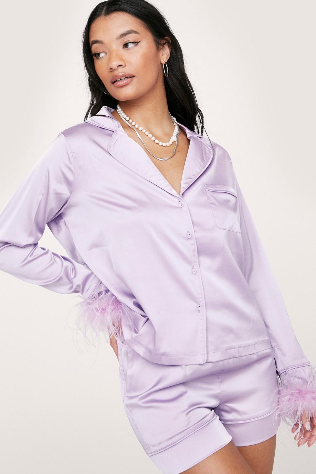 Lilac Satin Feather Pyjama Shirt and Shorts Set image number 1