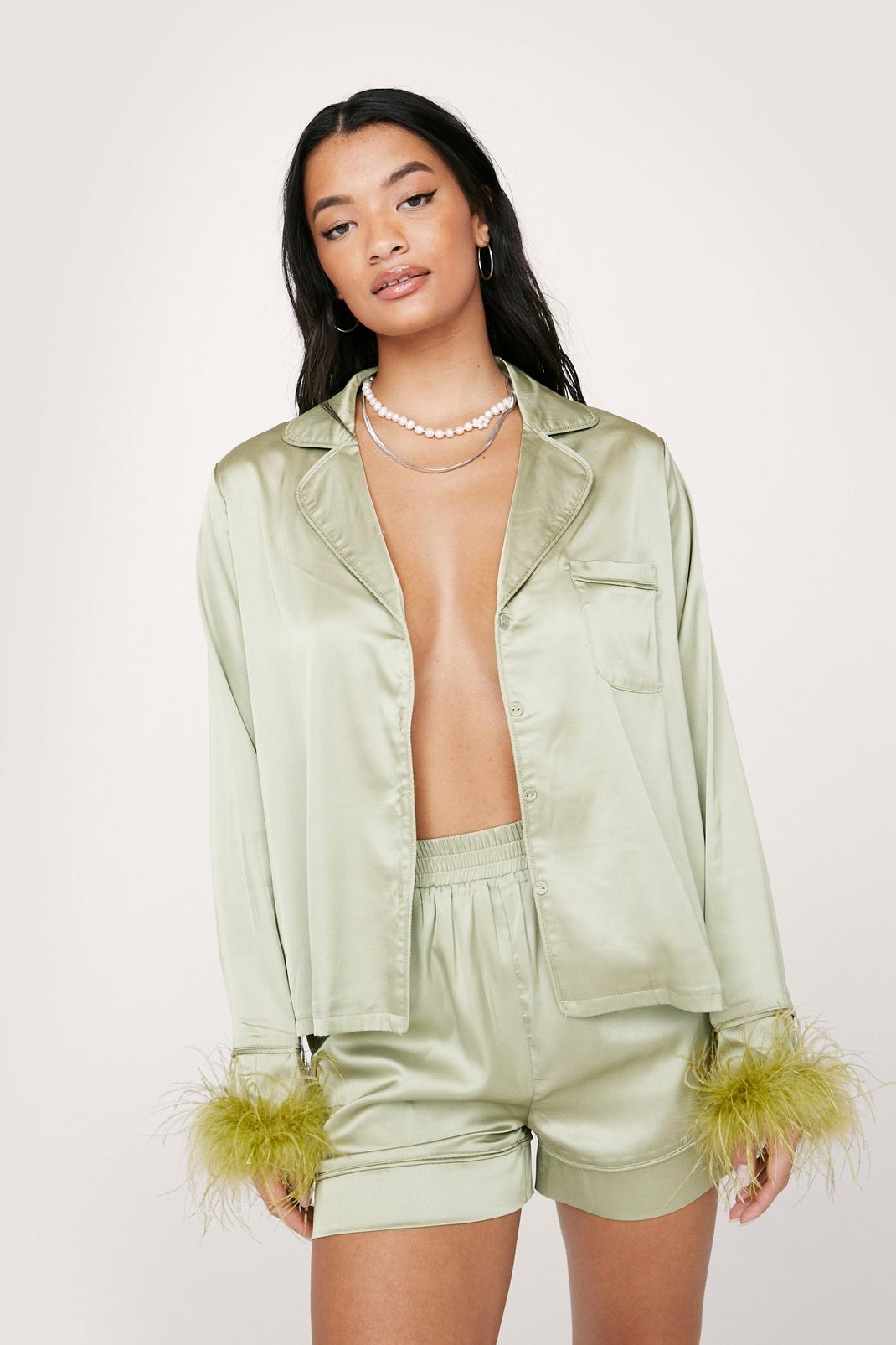 Lime Satin Feather Pajama Shirt and Shorts Set image number 1
