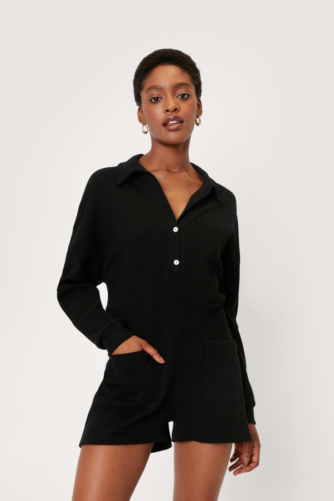 Black Ribbed Knit Long Sleeve Button Down Romper image number 1