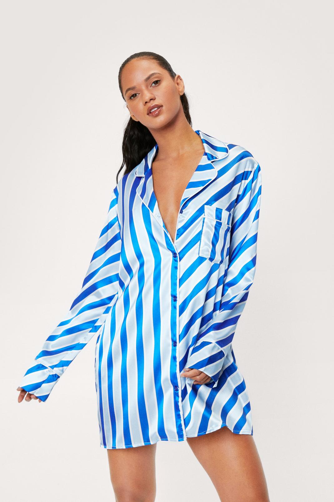 Navy Satin Stripe Print Pyjama Night Dress image number 1