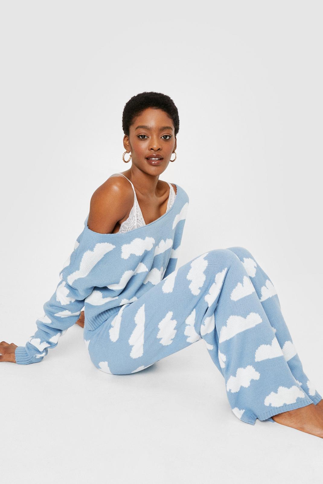 Dusty blue Cloud Knitted Jumper and Pants Lounge Set image number 1