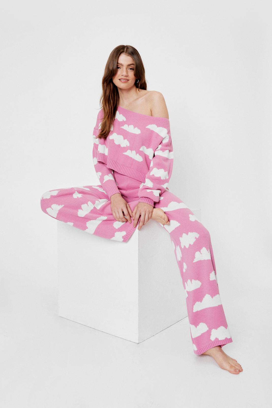 Ensemble de confort en maille pull ample & pantalon assorti à imprimé nuages, Pink image number 1