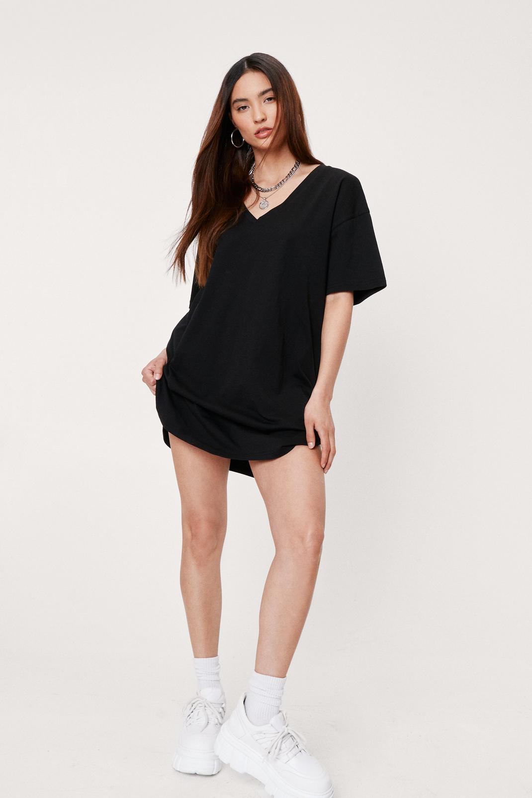 Black Petite V Neck Oversized T-Shirt Mini Dress image number 1