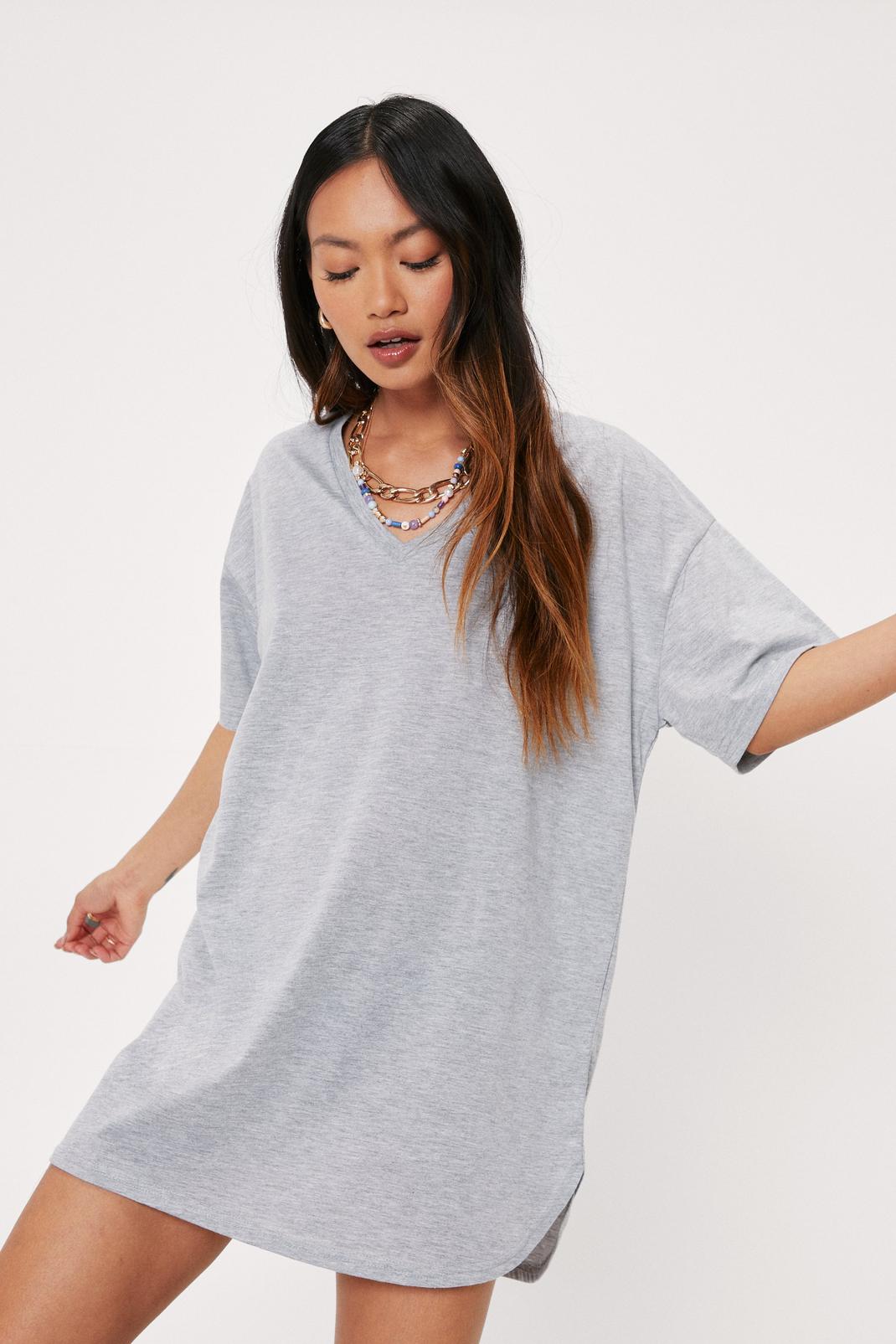 Grey Petite V Neck Oversized T-Shirt Mini Dress image number 1