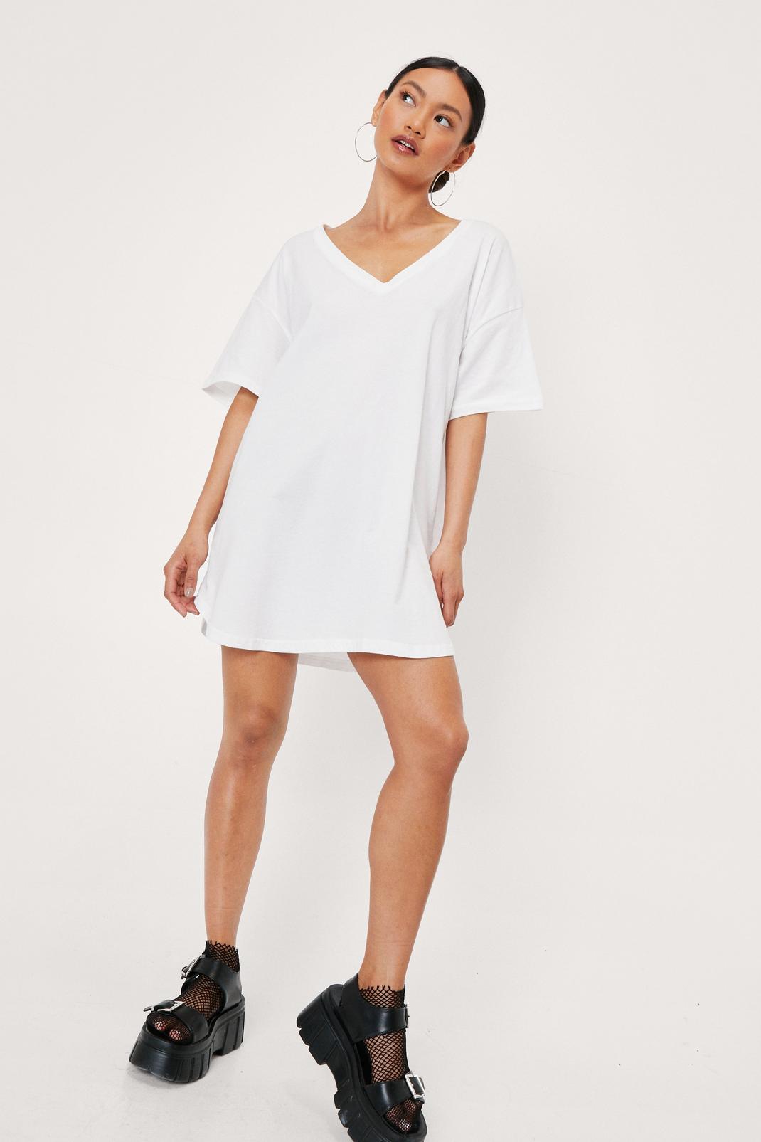 White Petite V Neck Oversized T-Shirt Mini Dress image number 1