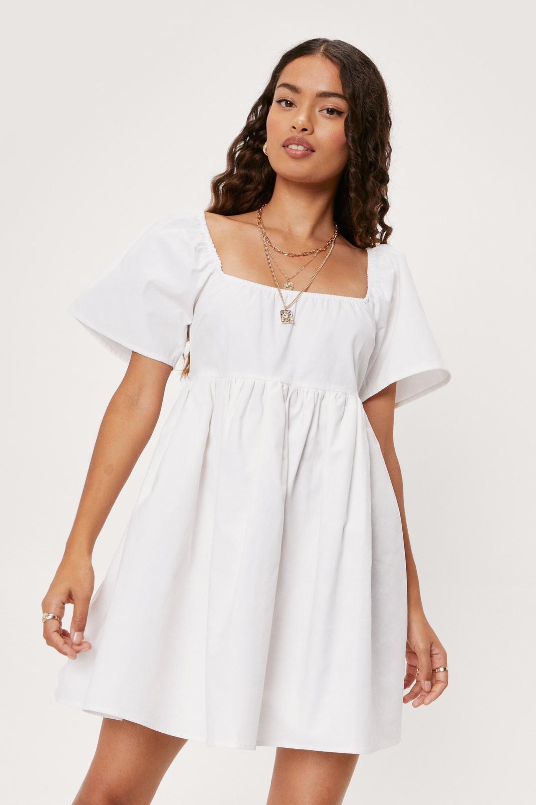 White Petite Cotton Puff Sleeve Smock Dress image number 1
