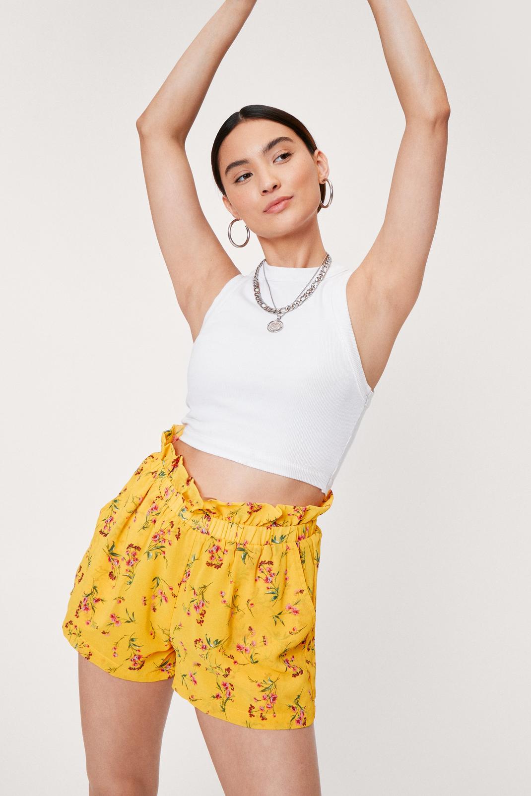 Yellow Petite Floral Paperbag Waist Shorts image number 1