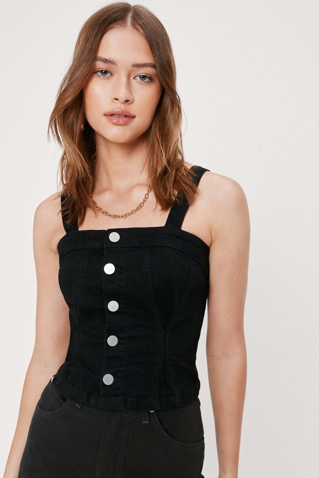 Crop top en jean style corset à boutonner, Black image number 1