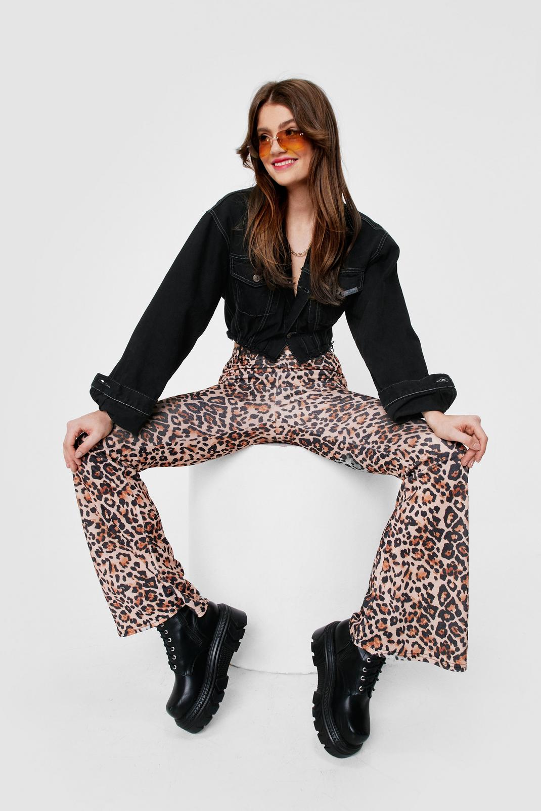 Brown High Waisted Leopard Flare Pants image number 1