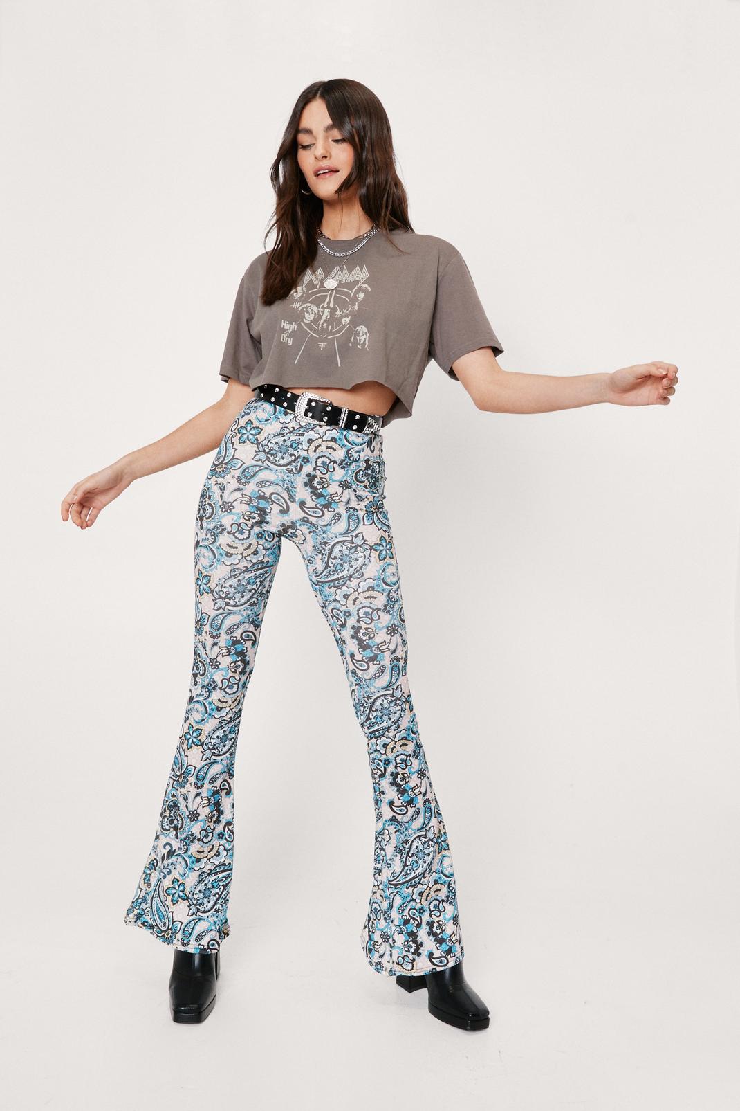 Pale blue Paisley Print High Waisted Flares image number 1