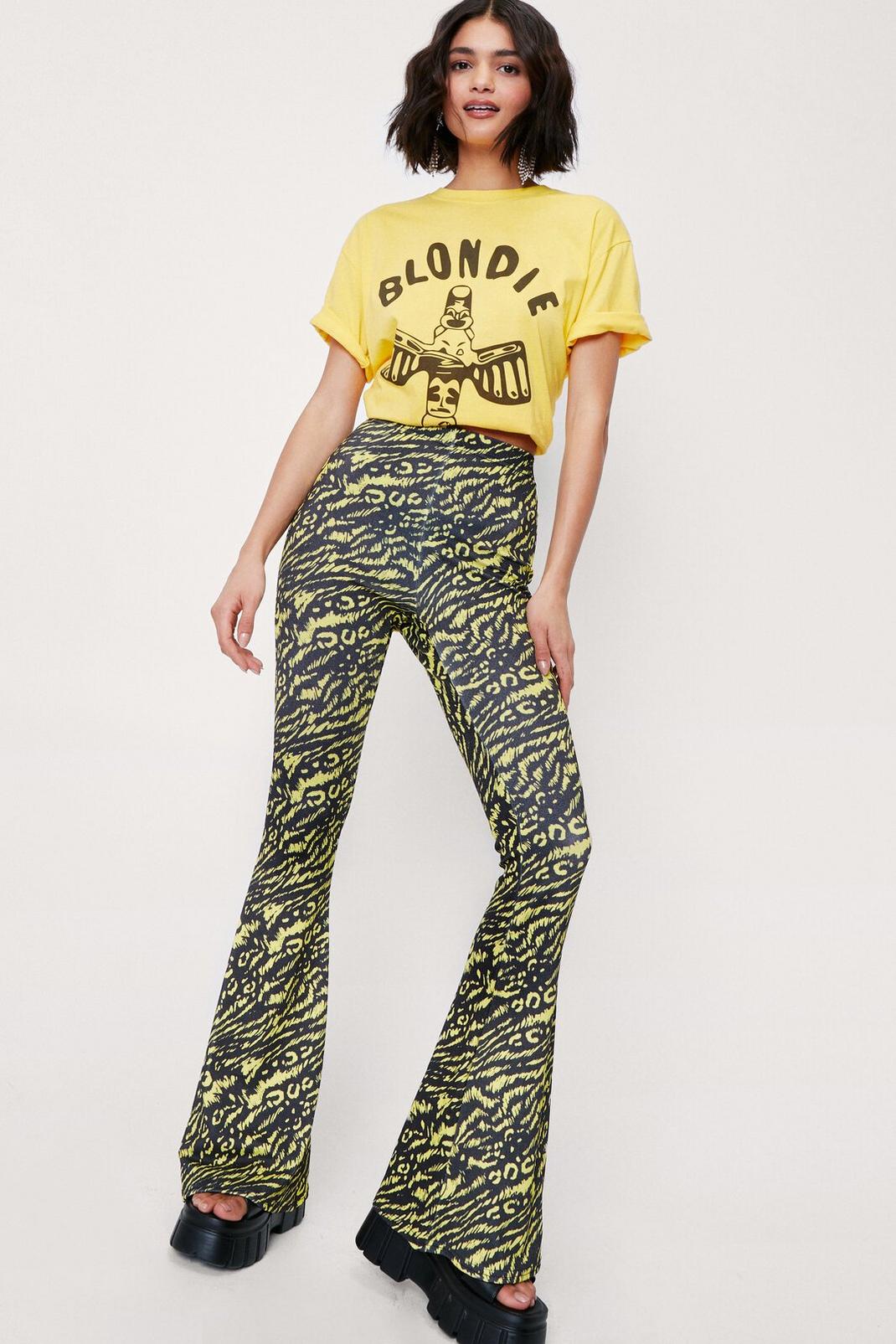Bright yellow Zebra and Leopard High Waisted Flare Pants image number 1