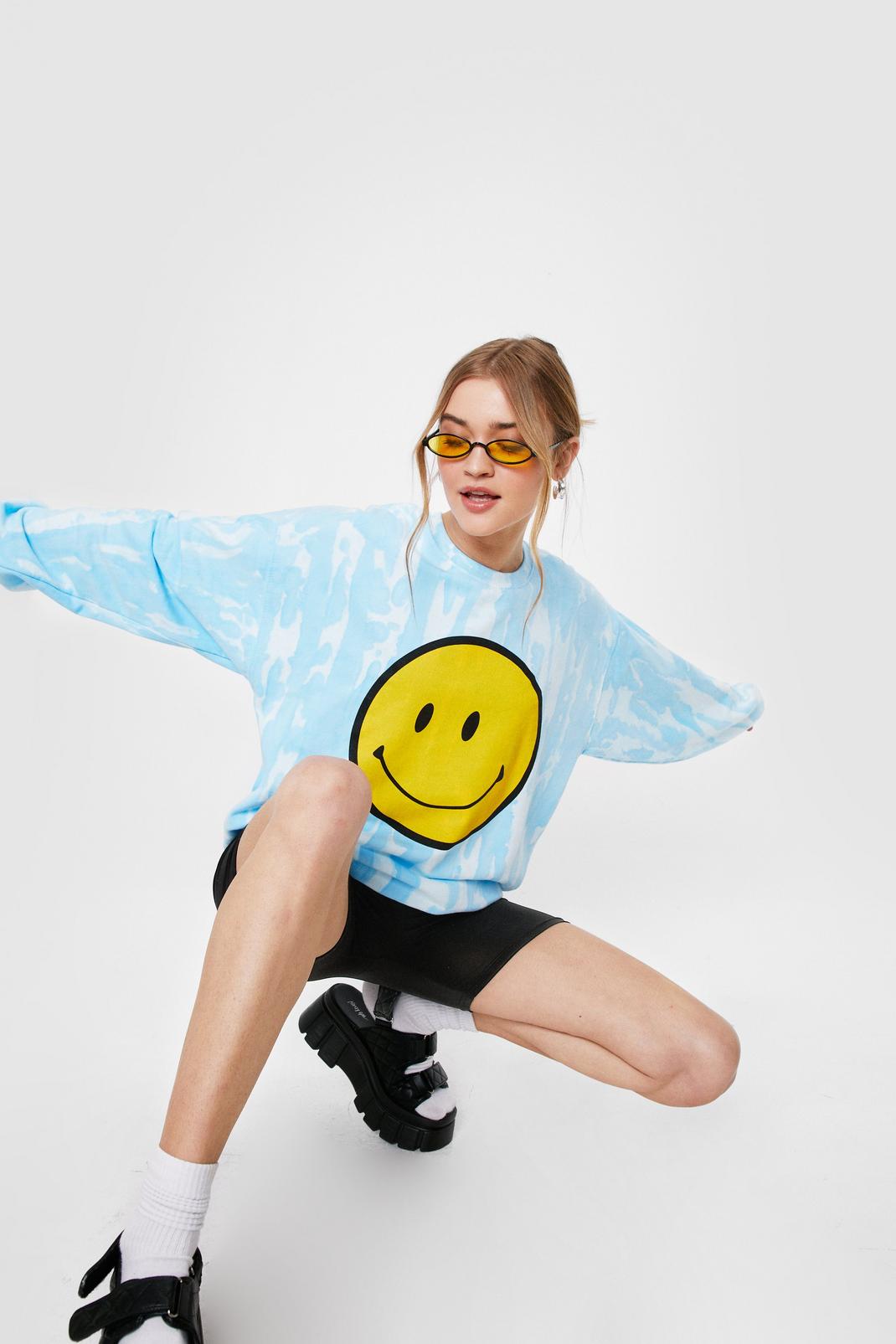 Blue Smiley Face Tie Dye Oversized Graphic Sweatshirt image number 1