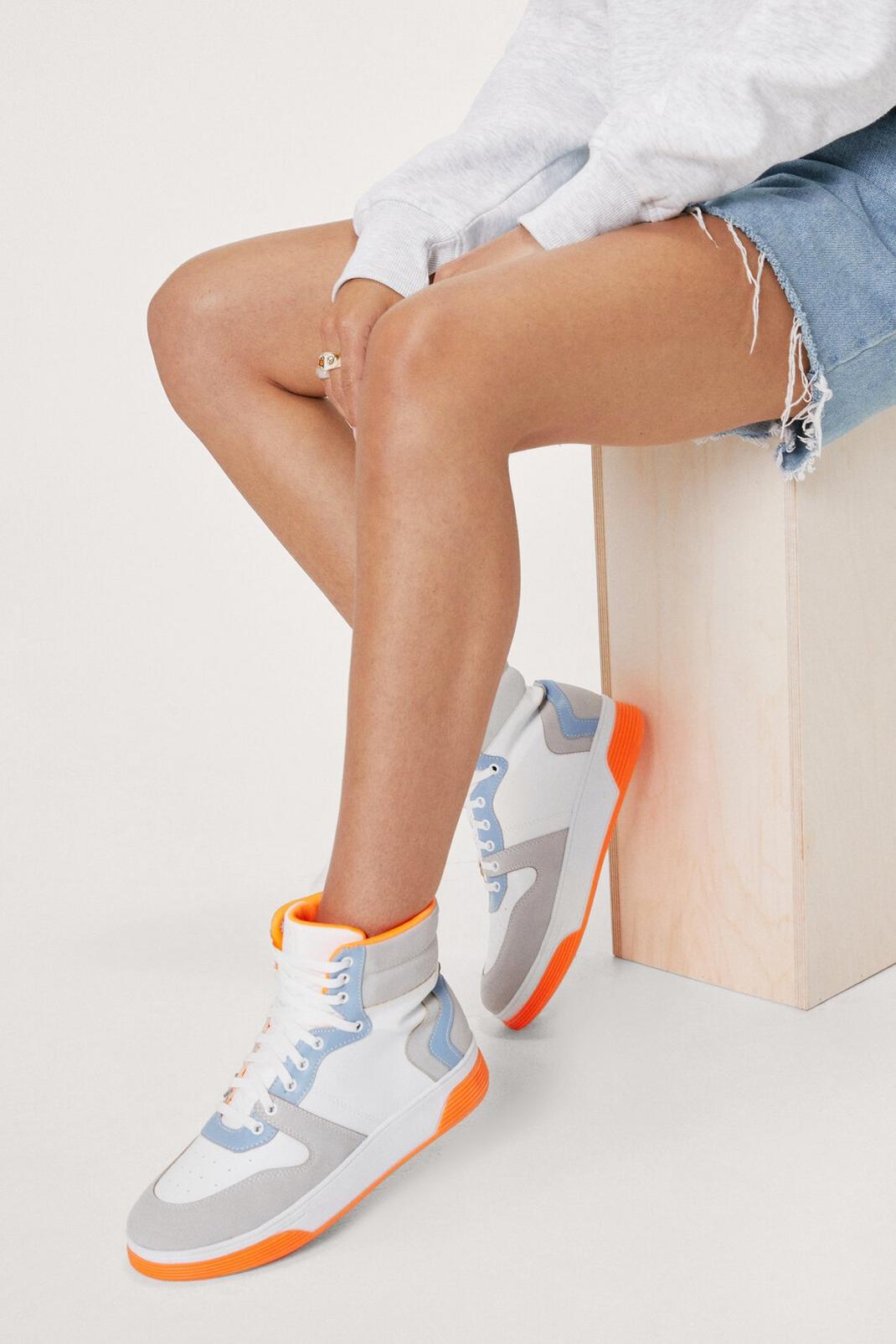 Orange Faux Leather Colorblock High Top Sneakers image number 1