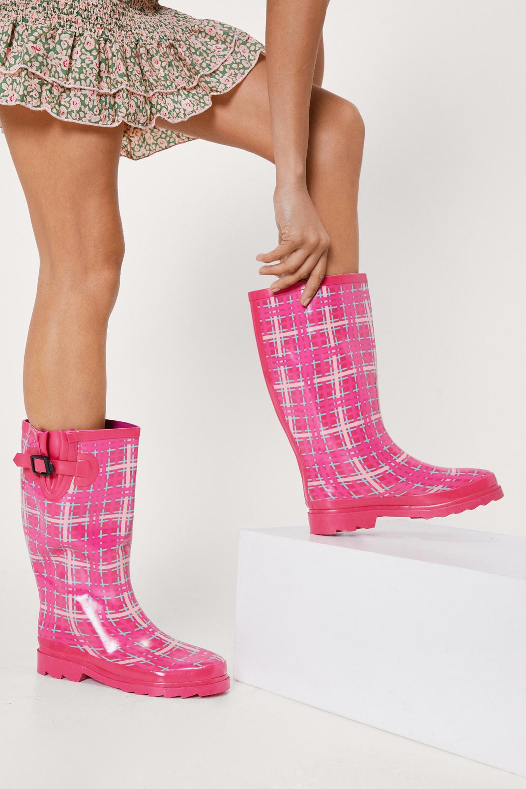 Pink Plaid Calf High Rain Boots image number 1