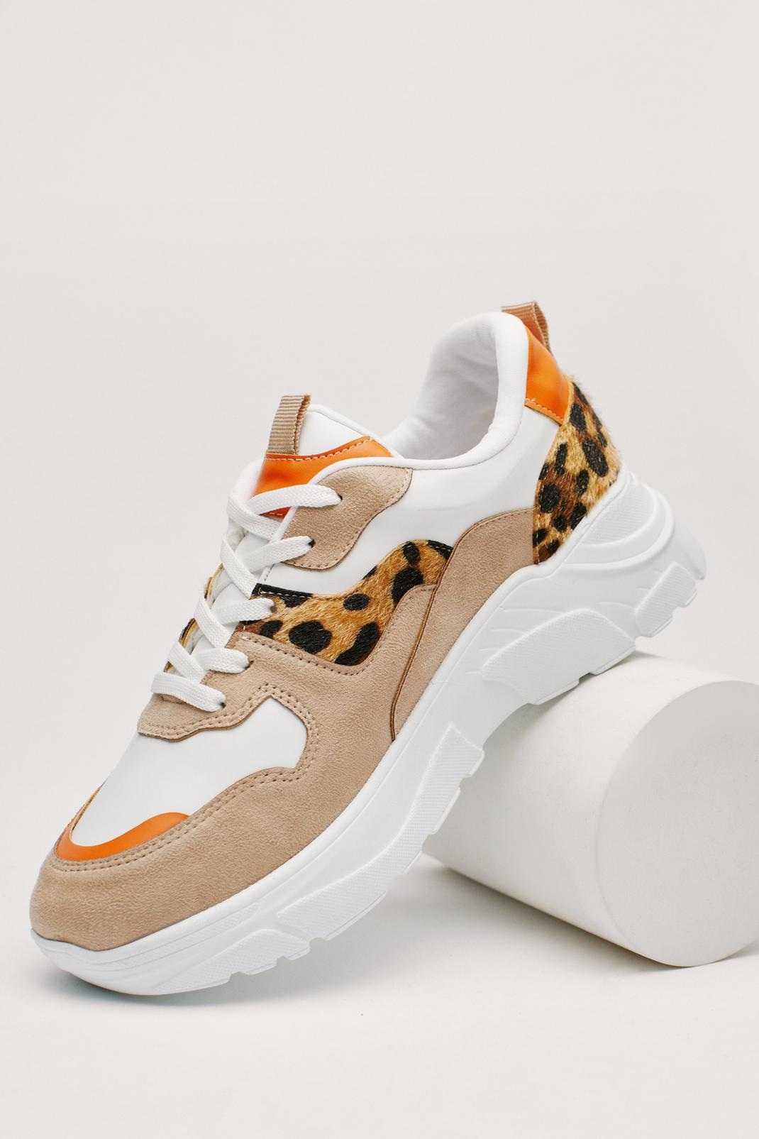 Beige Mixed Fabric Animal Print Chunky Sneaker image number 1