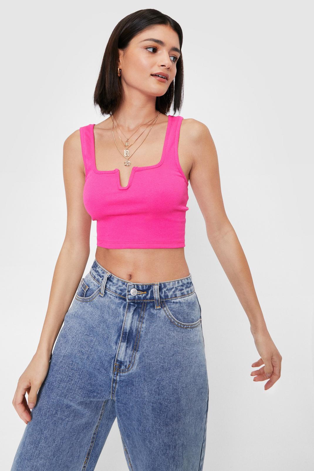 Fushia Notch Cut Out Ribbed Square Neck Crop Top image number 1