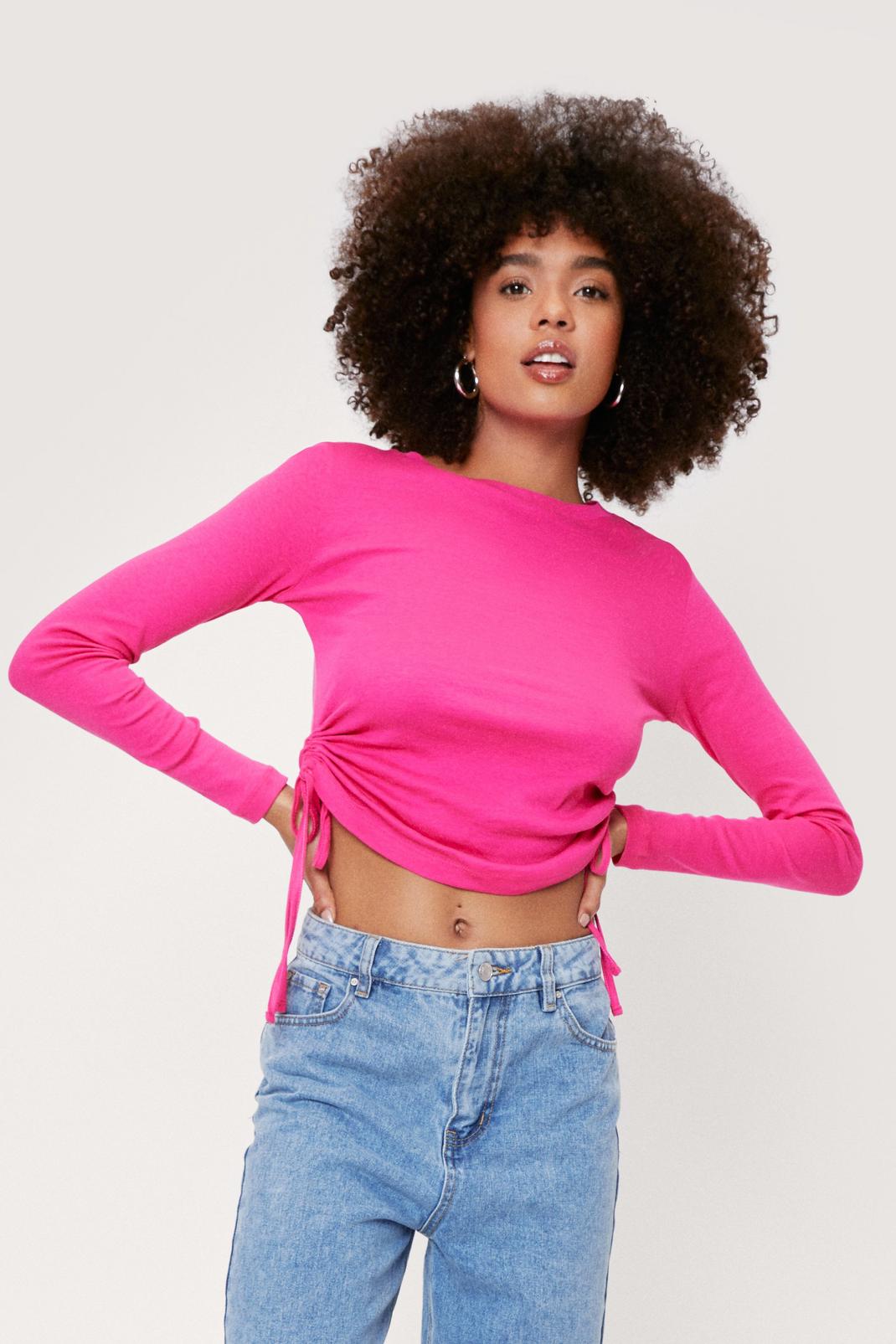 Fushia Ruched Tie Long Sleeve Crop Top image number 1