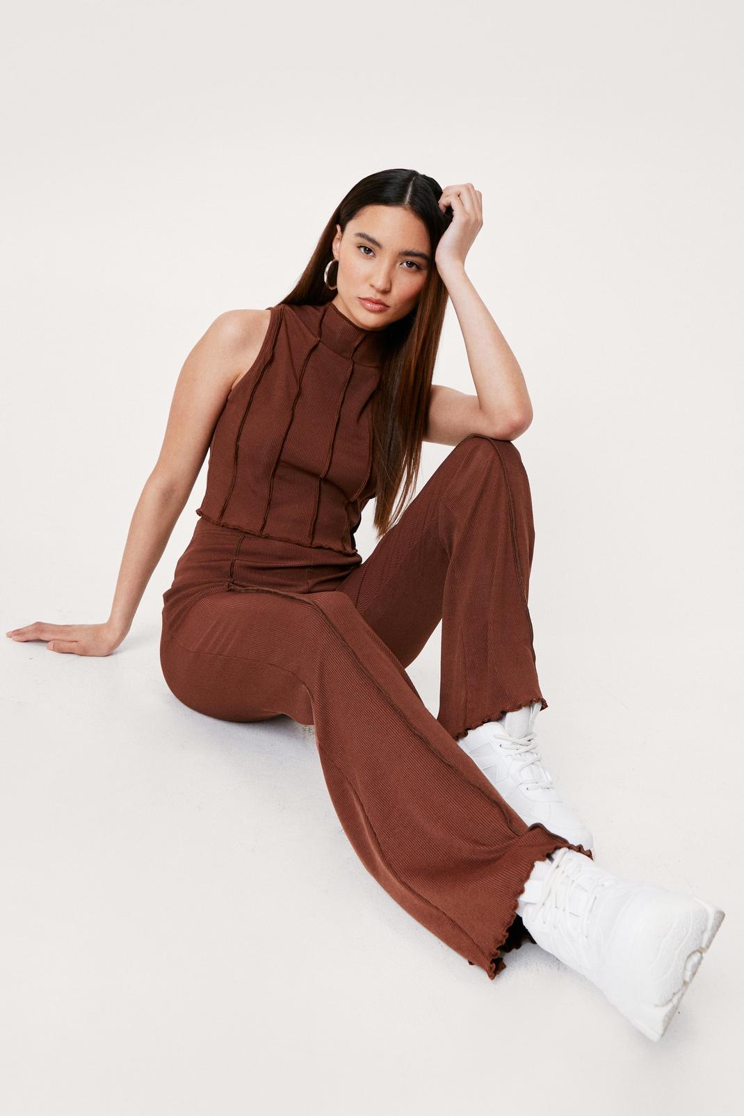 Chocolate Petite Exposed Seam High Waisted Flare Pants image number 1