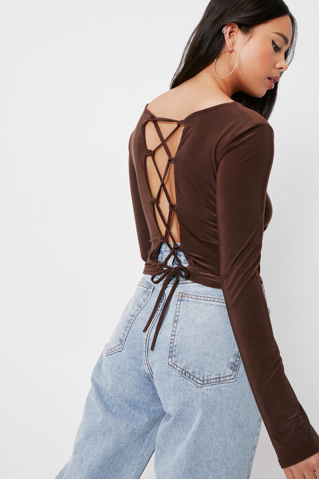 Chocolate Petite Slinky Lace Up Crop Top image number 1