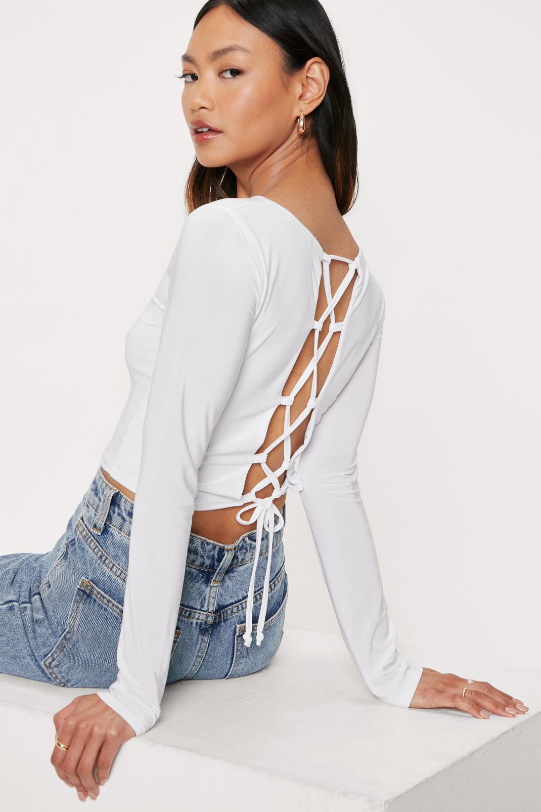 White Petite Slinky Lace Up Crop Top image number 1