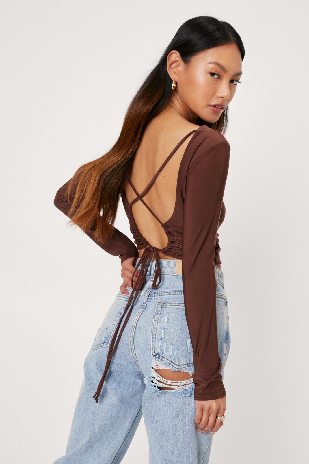Chocolate Petite Slinky Open Back Strappy Top image number 1