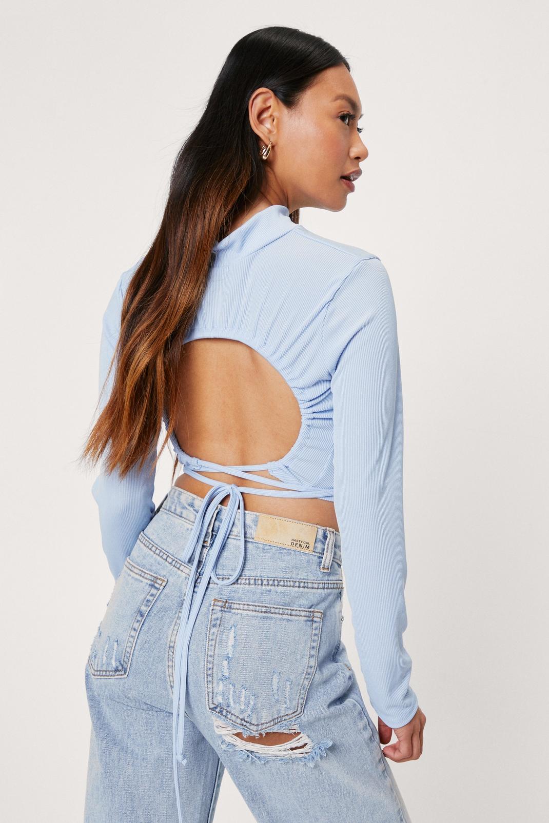 Blue Petite Crossover Tie Back Ribbed Crop Top image number 1